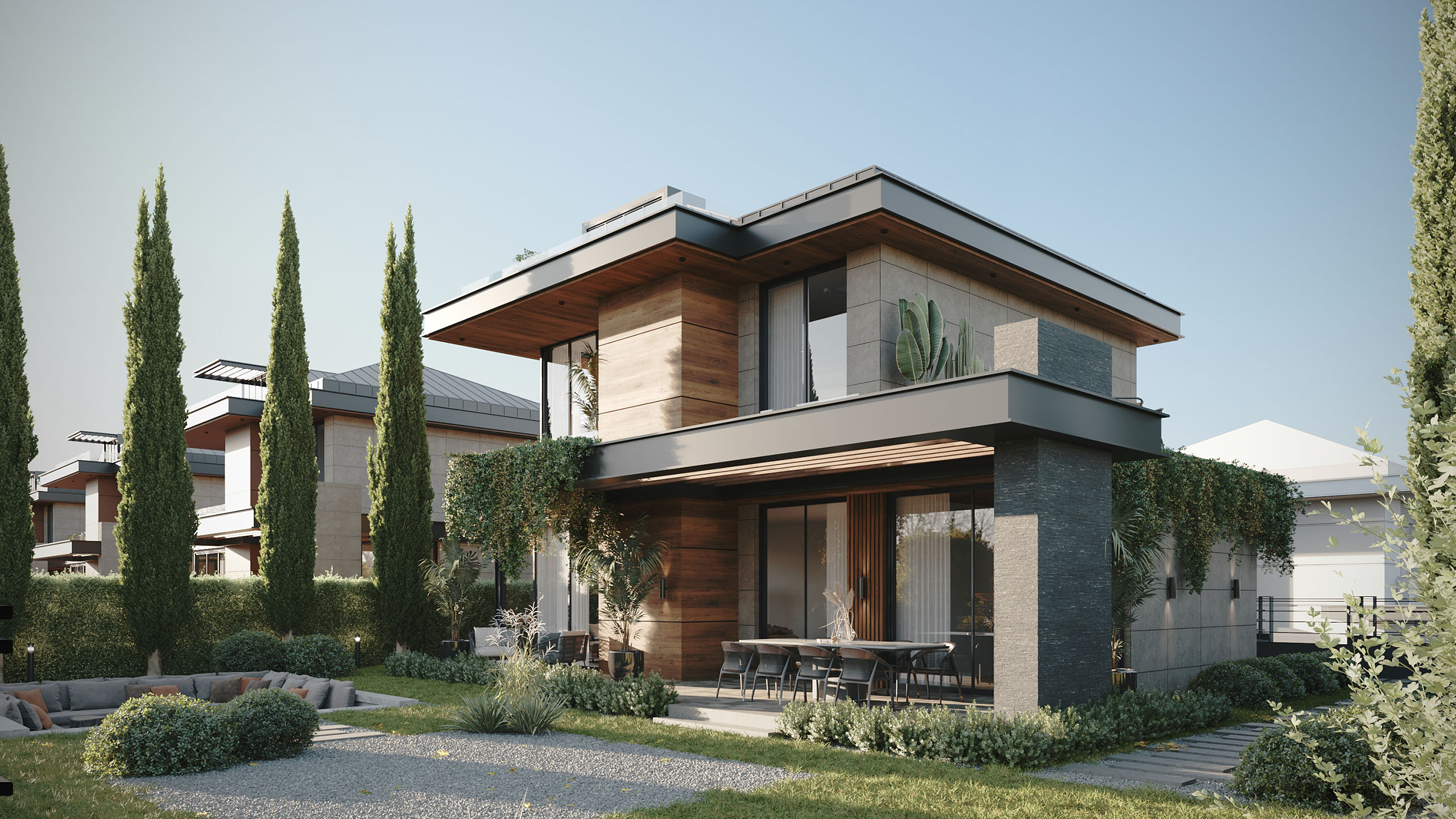 MTL Modern Villa - Minimalist Mimari & Geniş Teras Dış Mekân Render